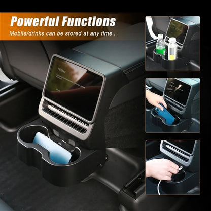3-In-1 Design Rear Seat Cup Holder Organizer For Tesla Model Y Juniper 2025+ & Model 3 Highland 2024+ Retractable and Foldable