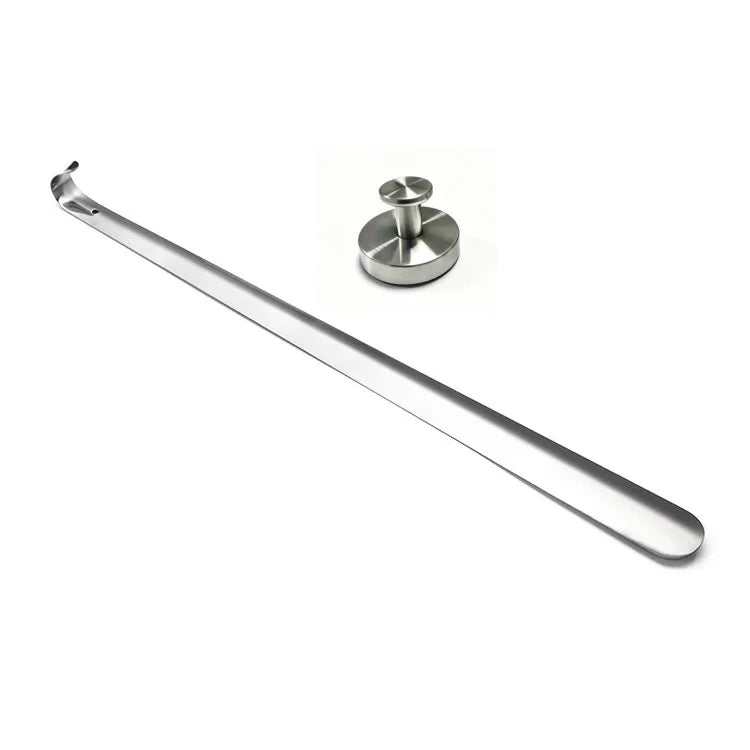 Premium Stainless Steel Shoe Horn with Stainless Steel Suction Holder Set, Punch-Free, Long Handle, Ideal for Seniors & Pregnant