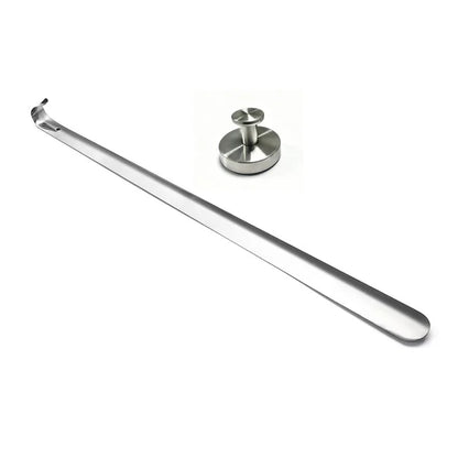 Premium Stainless Steel Shoe Horn with Stainless Steel Suction Holder Set, Punch-Free, Long Handle, Ideal for Seniors & Pregnant