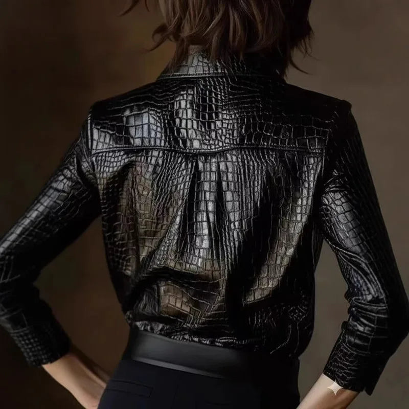 Elegant Long Sleeve PU Leather Shirt Women's Black Button up Snake Skin Pattern Fashionable Top for Autumn Winter