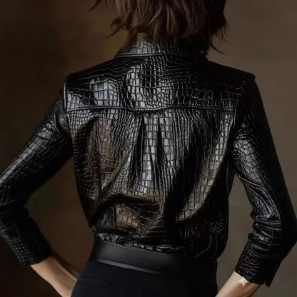 Elegant Long Sleeve PU Leather Shirt Women's Black Button up Snake Skin Pattern Fashionable Top for Autumn Winter