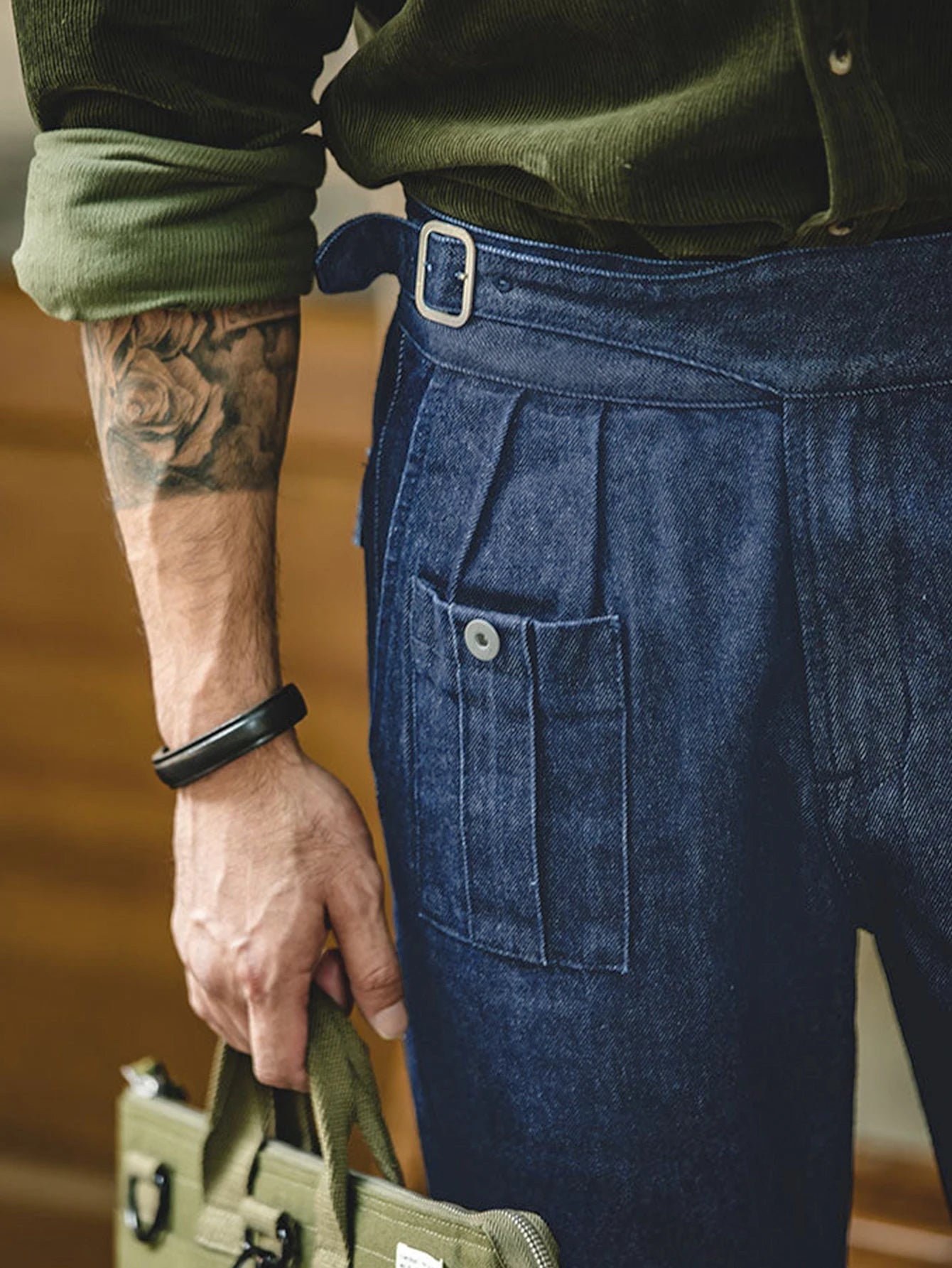 Elegant casual denim style Italian comfortable fabric button high waisted pants men's suit pants, suitable for daily commuting