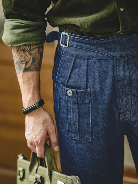 Elegant casual denim style Italian comfortable fabric button high waisted pants men's suit pants, suitable for daily commuting