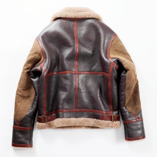 Men's B3 Shearling-lined Pilot Leather Jacket, Vintage Washed Ins-style Horsehide Real Fur Biker Coat plus size 6xl