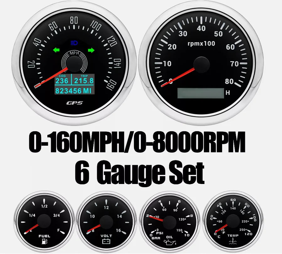 6 Gauge Kit 85mm GPS Speedometer 200KM/H Tachometer 8000RPM Fuel Level Water Temp 0-120℃ Oil Pressure Gauge 12V Voltage Meter