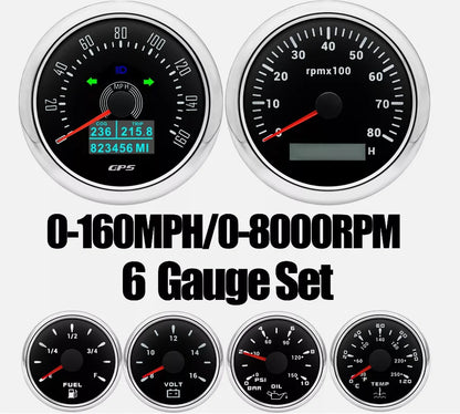6 Gauge Kit 85mm GPS Speedometer 200KM/H Tachometer 8000RPM Fuel Level Water Temp 0-120℃ Oil Pressure Gauge 12V Voltage Meter