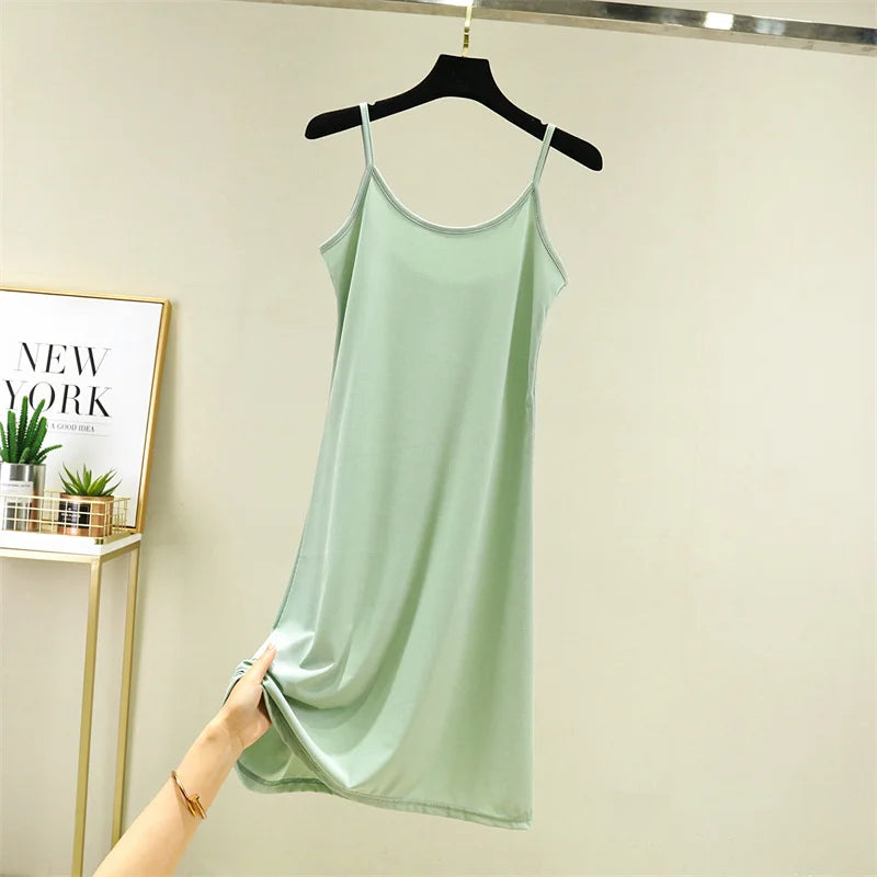 Summer Thin Ice Silk A-Line Dress Women's Casual Long Gown Inner Wear Vest Dress plus Size Korean Style Loose Waist Design