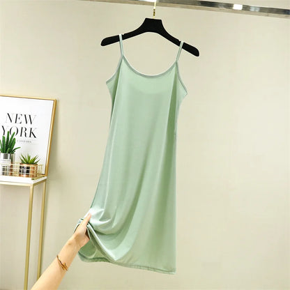 Summer Thin Ice Silk A-Line Dress Women's Casual Long Gown Inner Wear Vest Dress plus Size Korean Style Loose Waist Design