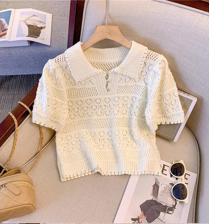 2024 New Hollow out Knitted Short Sleeve  Neck T-Shirt Women Summer Sweet And Spicy  Top Short Length Breathable