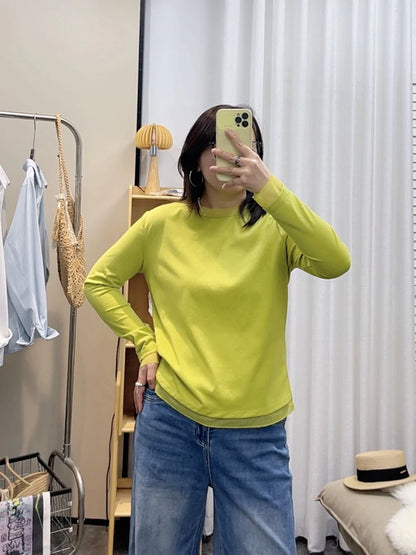 Spring New plus Size round Neck Mesh Splice Loose Long Sleeve Base Shirt Women Fat MM Slimming Belly Cover Simple T-shirt