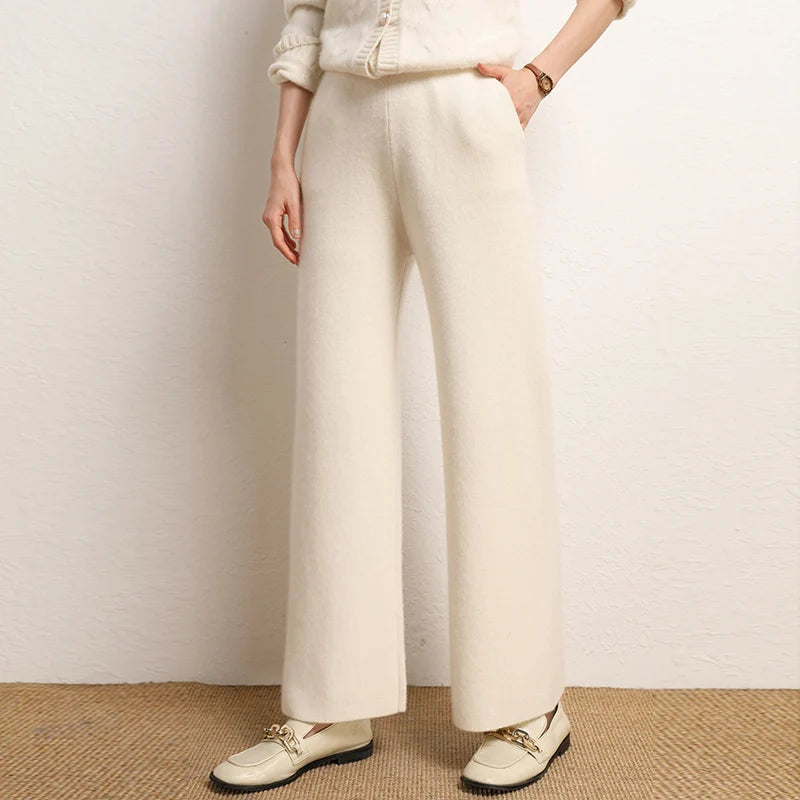 Women's 100% Cashmere Wide Leg Pants Knitted Thick Autumn/Winter Casual Solid Color Elastic Waistband Pockets