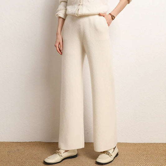 Women's 100% Cashmere Wide Leg Pants Knitted Thick Autumn/Winter Casual Solid Color Elastic Waistband Pockets