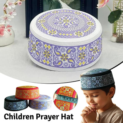 Kids Ethnic Embroidered Flat Cap Muslim Prayer Hat Costume Accessory Worship Islamic Hijabs Turkish Arabian Eid Prayer Caps