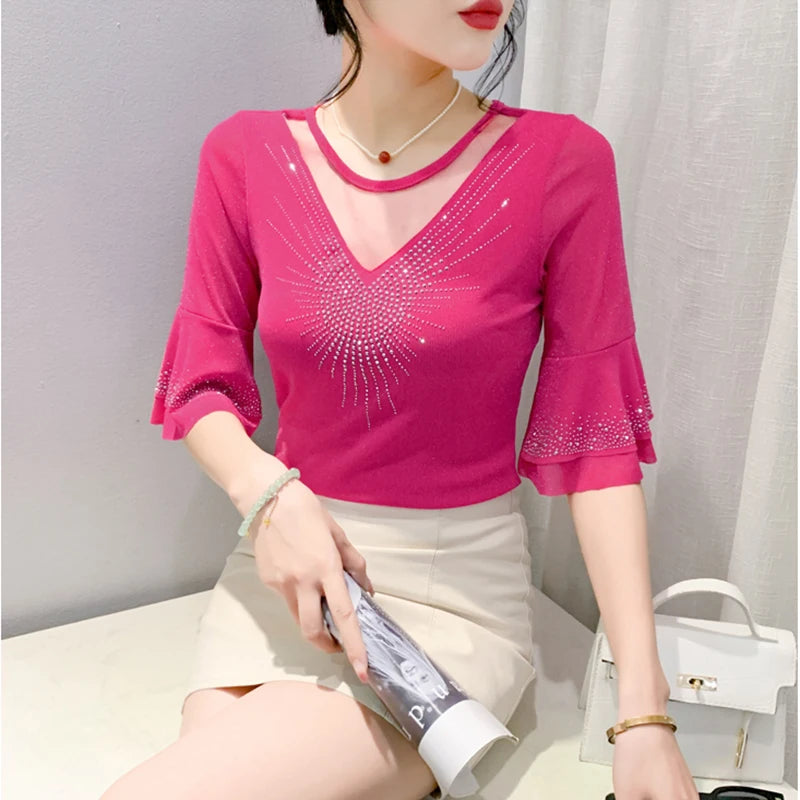 Sexy Hollow out Mesh Seven Quarter Sleeve Fashion Trend Summer T-Shirt Women Slimming Versatile Top Half Sleeve Small Shirt