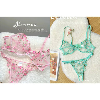 Sweet Sexy Lace Lingerie Set, Floral Embroidery Sheer Mesh, Thin Cooling, Big Bust Relief, Japanese Daily Women Underwear 32-38