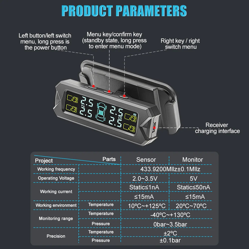 External TPMS Solar Power TPMS Car Tire Pressure Alarm Monitor Auto Security System Tyre Pressure Adjustable Temperature Warning