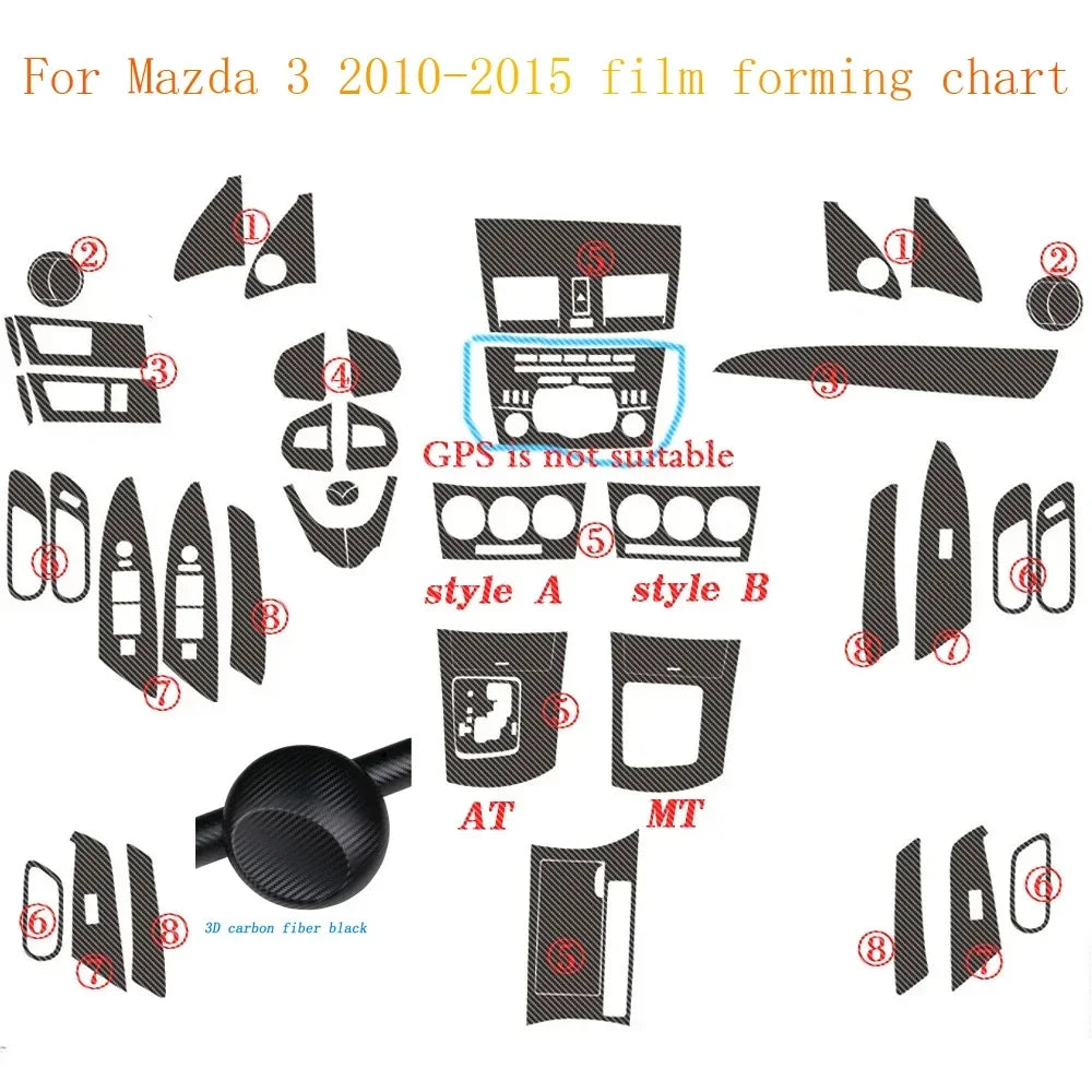 For Mazda 3 2010-2015 Interior Central Control Panel Door Handle Carbon Fiber Stickers Decals Car styling Accessorie