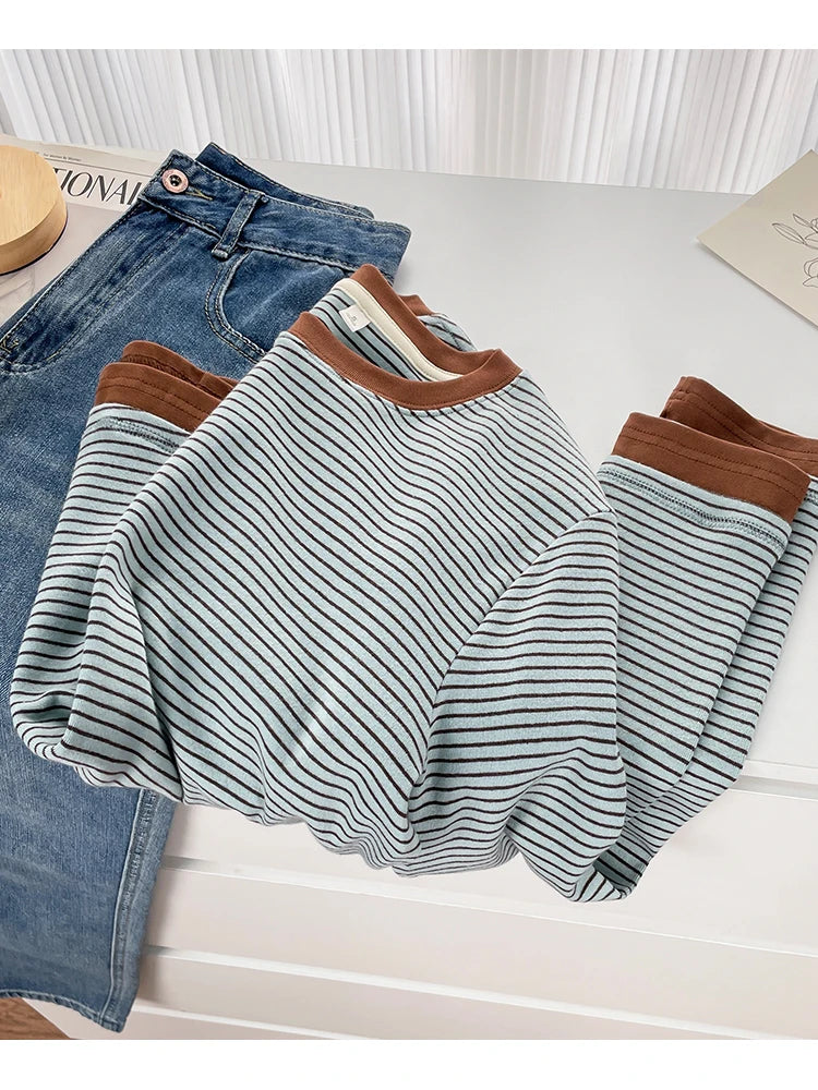 Spring New Style Color Block Long Sleeve round Neck Base Shirt Women's Retro Striped T-Shirt Asymmetrical Hemline Casual Cotton