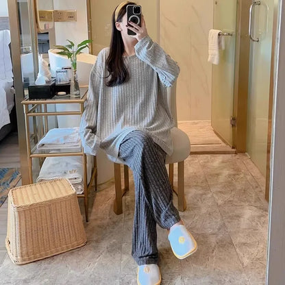 Grey Knitted Fleece Lined Long Sleeve Sleepwear Set for Men Autumn Winter Warm Home Clothes Set Large Size Comfortable Leisure