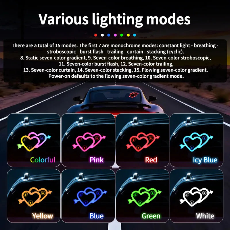 Car Neon Lights Ambient Lighting Interior Decoration Lights Wiring Free Solar Heart Lights Triangular Window Lights Modification