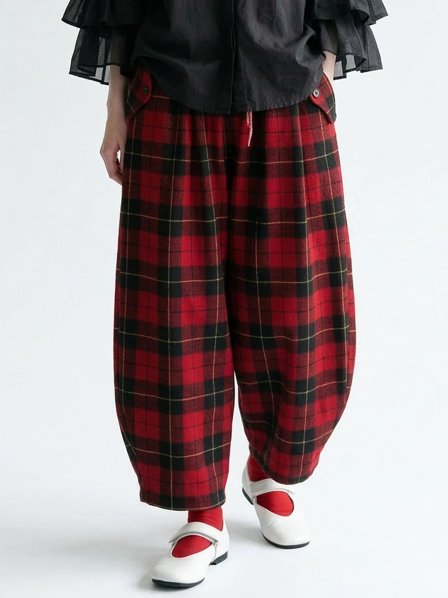 Red - Black Plaid Drawstring Lantern Pants, Retro Hong Kong Style, Daily Outfit, Casual & Free Vibe 255338