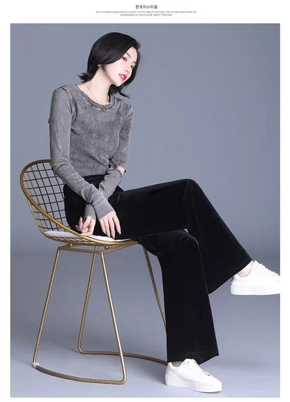 Slim Fit Velvet Wide Leg Pants Winter New Style plus Size Warm Fleece High Waist Elastic Korean Velvet Pants for Women