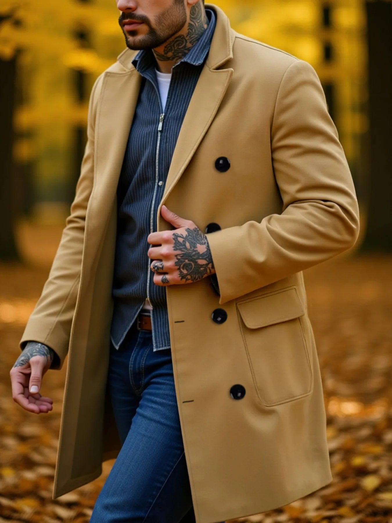 Men's Wool Overcoat Double-Breasted Winter Design Thickened Stand Collar Business Casual  Warm