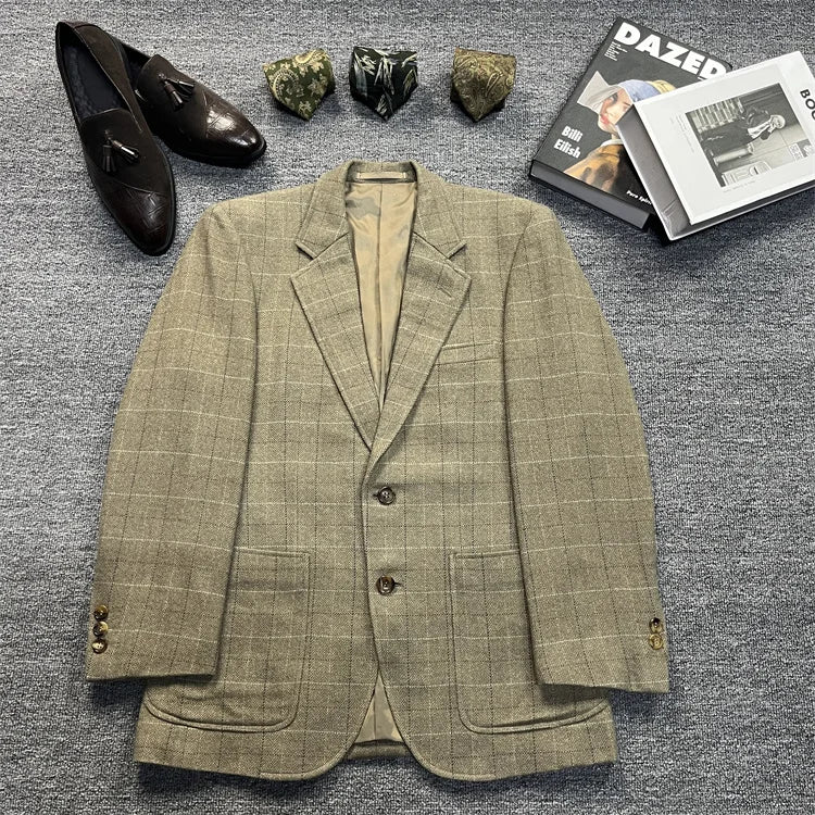 Vintage Unisex Woolen Suit Jacket Simple Casual Plaid Retro Style Warm Windproof Interview Commuting Business Casual Wear