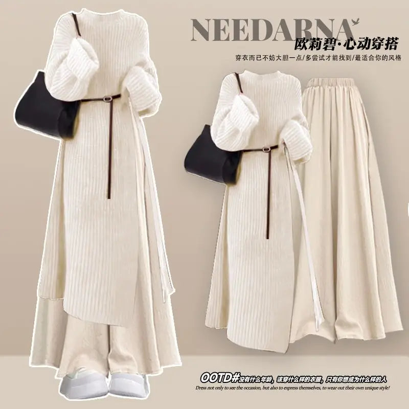 Fall Fashion High Waist Knitted Sweater Long Skirt Wide Leg Pants Two Piece Set Elegant Sweet Style plus Size Women's Suit