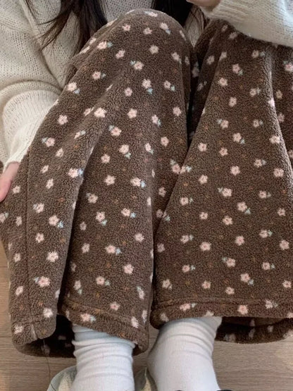 Thickened Fluffy Home Pants Floral Print Loose Fit Warm Winter Leisure Sleepwear for Men And Women Youth Size Comfortable