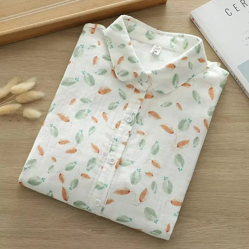 Fresh Women's Mushroom Printed Shirt 2024 New Lady Loose Cotton Long Sleeve Flower Print Shirts & Blouses Female Tops Clothes