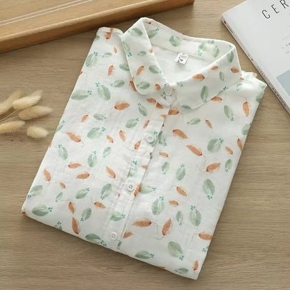 Fresh Women's Mushroom Printed Shirt 2024 New Lady Loose Cotton Long Sleeve Flower Print Shirts & Blouses Female Tops Clothes