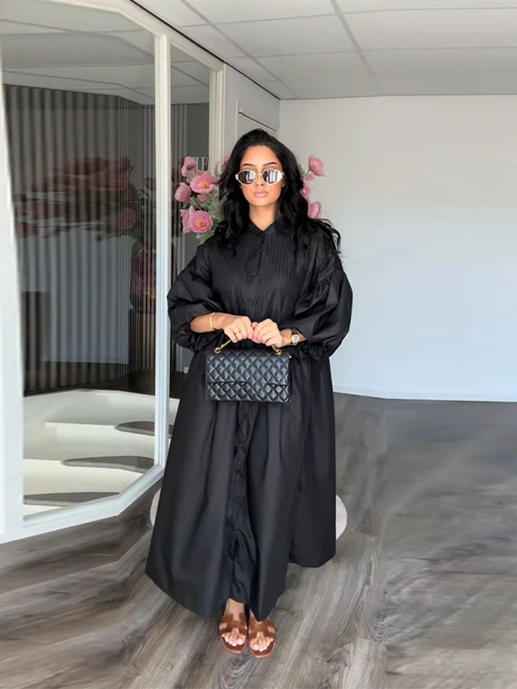 Casual Long Dress Women Solid Loose O Neck Single Breasted Full Lantern Sleeve High Waist Robe 2026 Spring Fashion Dresses Lady