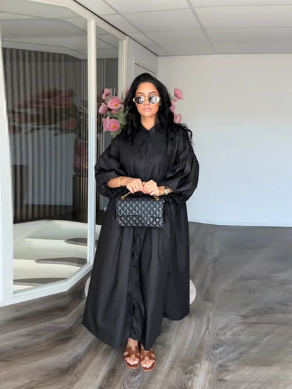 Casual Long Dress Women Solid Loose O Neck Single Breasted Full Lantern Sleeve High Waist Robe 2026 Spring Fashion Dresses Lady