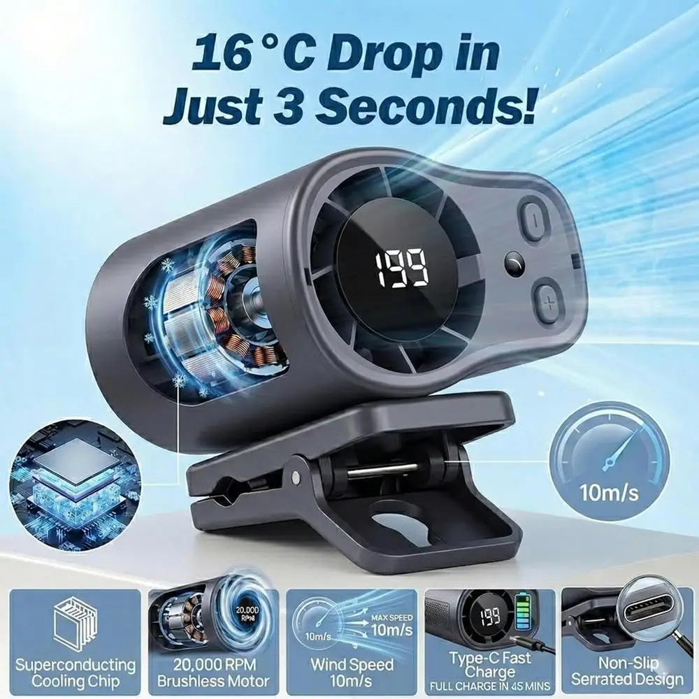 Universal Cooling Car Fan USB Rechargeable Clip on Portable Desk Fans with LED Display 360 Rotation Quiet for Car Camping