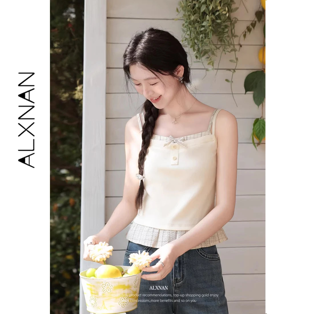 ALXNAN Cream Yellow Plaid Spliced Camisole Women 2026 Summer Elegant Sweet Beach Sleeveless Tops Casual Bow Design Camis L62323