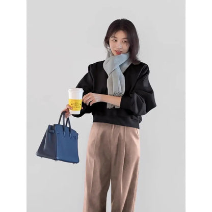 Retro Shoulder Sleeve round Neck Sweatshirt Women's Spring Autumn Fashion Casual Short Style Overhead Top Polyester Fiber