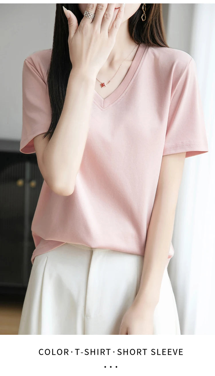 2026 Summer New Pure Cotton V-neck Short-sleeved T-shirt Women's Solid Color Joker Pullover Shirt with Loose Sleeve Bottom Shirt