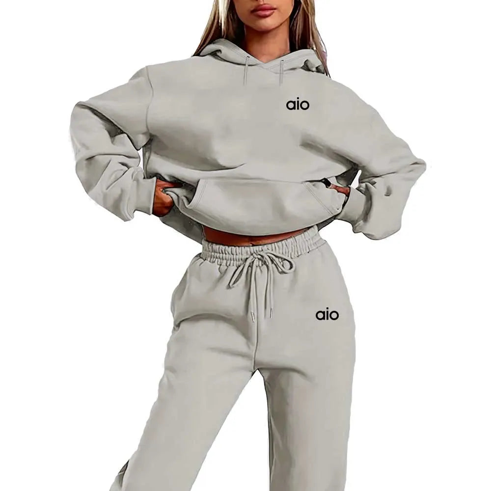 Autumn and Winter Fashion Print Two-Piece Set: Elegant Lounge Sweater with Long Sleeves and Fleece Lining, Plus Drawstring Joggi