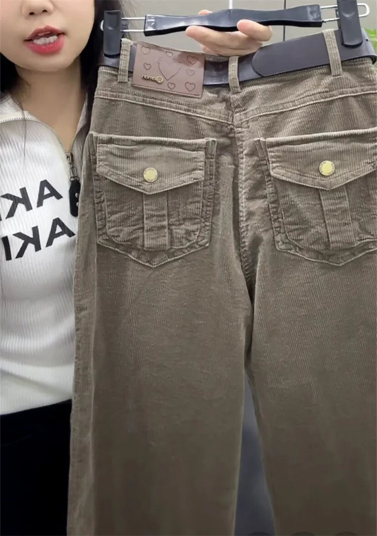 High Waist Cotton Corduroy Harlan Pants Slim Fit Casual Nine Point Knife  Straight Leg Crop Leisure Long Trousers