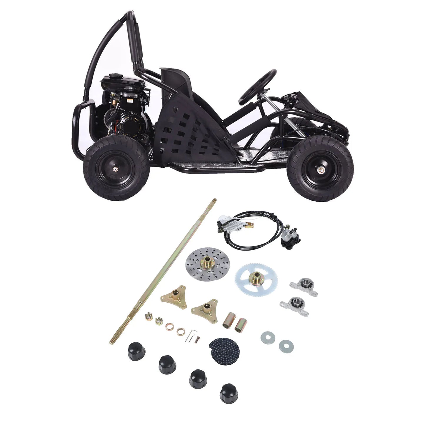 Go Kart Rear Axle Assembly 29in Axle Length Sturdy Chain Sprockets Disc Brake Calipers Kit for 50cc 70cc 90cc ATV Quads
