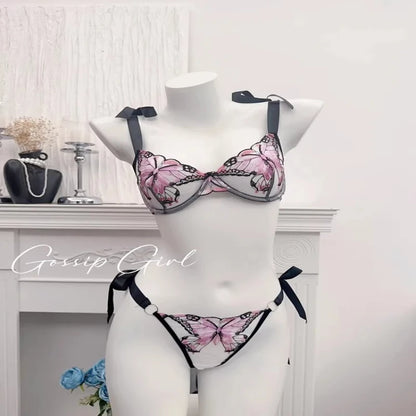 Ultra-Thin Sexy Lace Sheer Lingerie Set For Women French Butterfly Embroidery Push Up Bra Soft Underwire Support Date Night Wear
