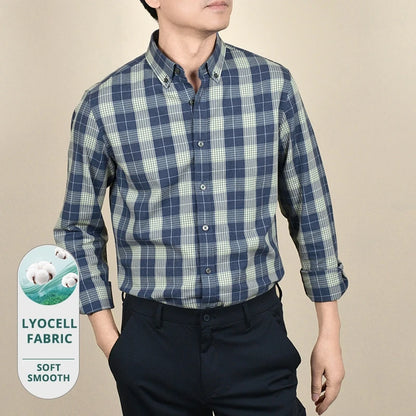 Premium Lyocell Fabric New Fashion Slim Fit Mens Shirts Checkered Business Breathable Plaid Casual Button Down Long Sleeve Top