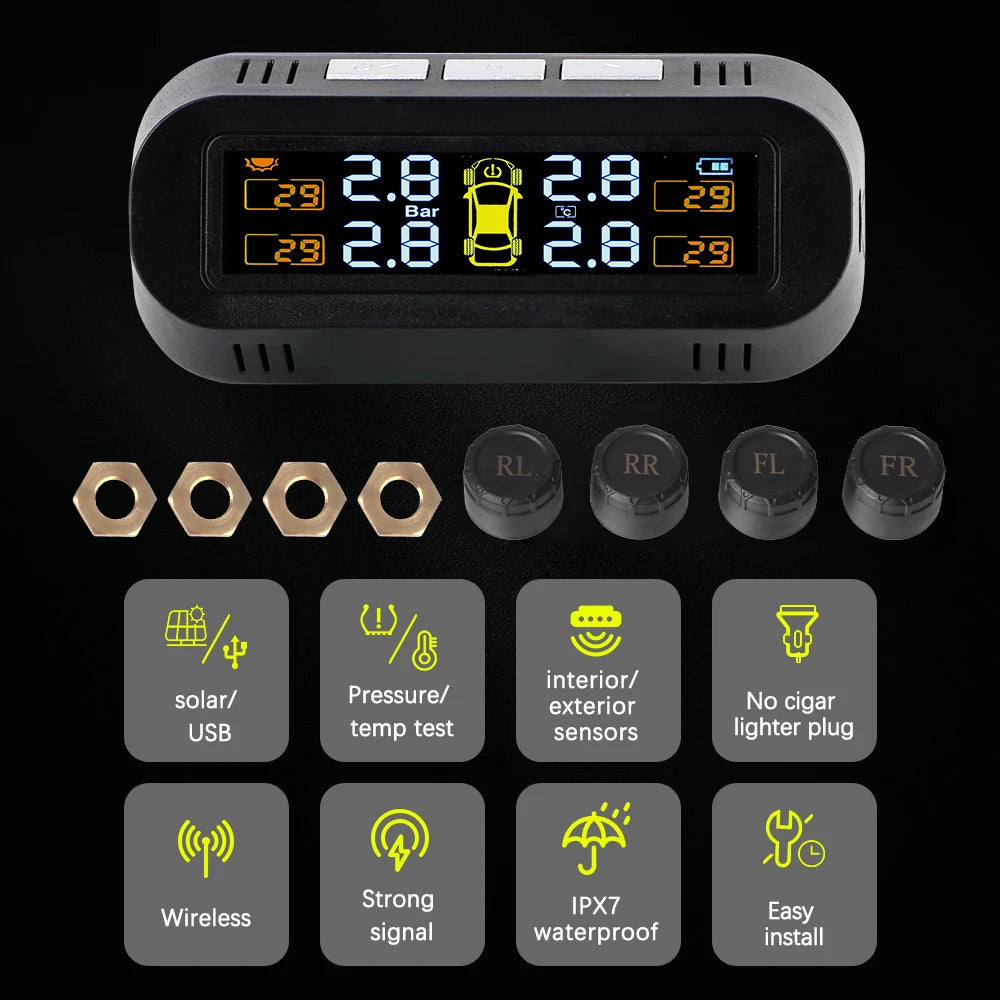 Car Solar TPMS Tire Pressure Monitoring Universal Auto Accessories Security Alarm Systems Tyre Temperature Monitor 4 Exteral