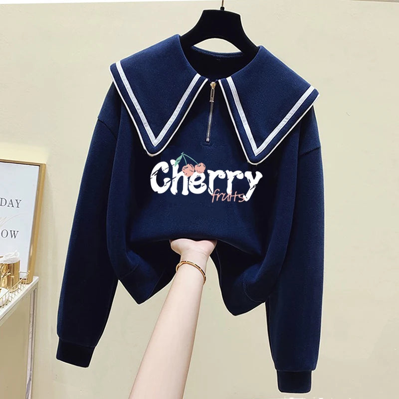 Teenage Girl's Fleece Lined Thickened Navy Collar Sweatshirt Small Size Winter Fashionable Clothing School Sweet Style Zipper
