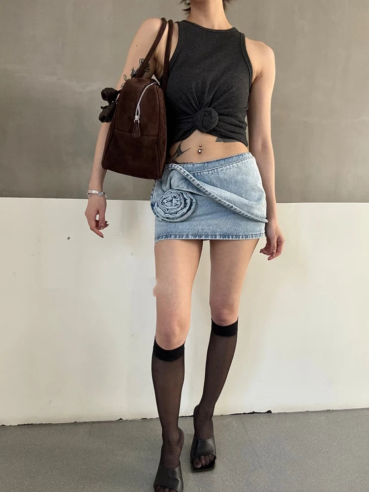 Y2K knot-twist sleeveless vest dark grey simple pleated slim fit women's top 2025 summer new model