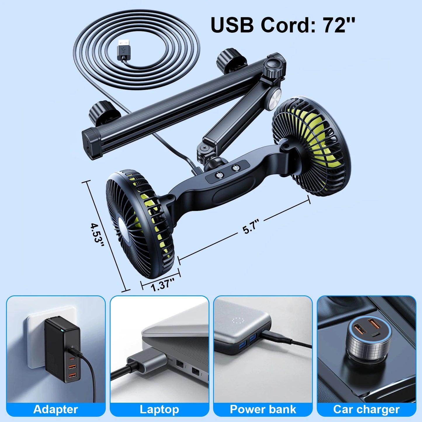 Eary Car Dual Head Fan Mount for Back Seat Headrest Air Cooler Fan With 2 Hooks Long Arm Adjustable 3 Speeds For Truck SUV Sedan