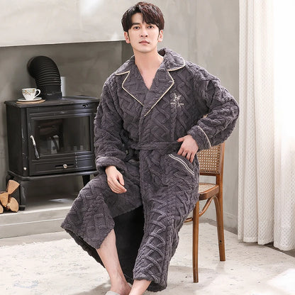 Men Sleepwear Robe Winter Flannel Thicken Terry Robe Male Long Sleeve Kimono Warm Bathrobe Home Wear Peignoir Men Robe