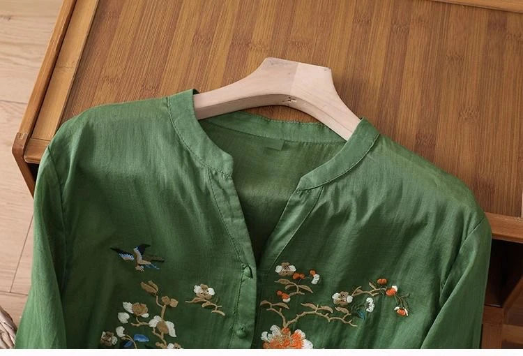 Large Size Mom Embroidered irt Women's Spring New Cotton Linen irt High End f Sve Seven Sve Women's Top