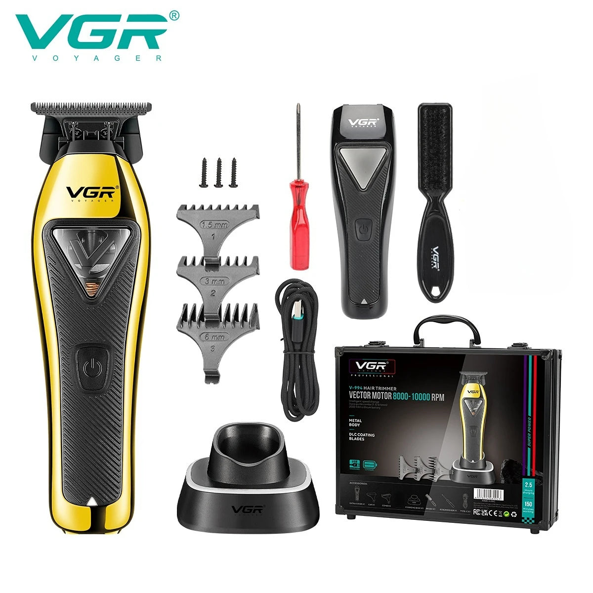 VGR Hair Trimmer Professional Hair Clippers Cordless Haircut Machine Vector Motor DLC Blade Metal Trimmer for Men V-015 V-994